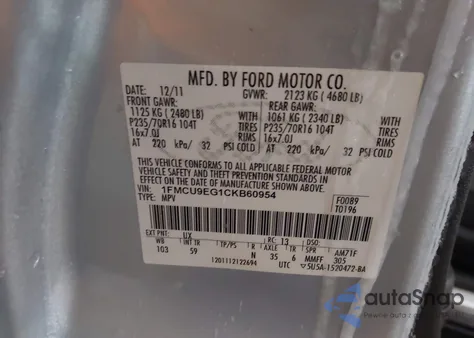 2012 Ford Escape Limited z USA, uszkodzony, nr VIN 1FMCU9EG1CKB60954